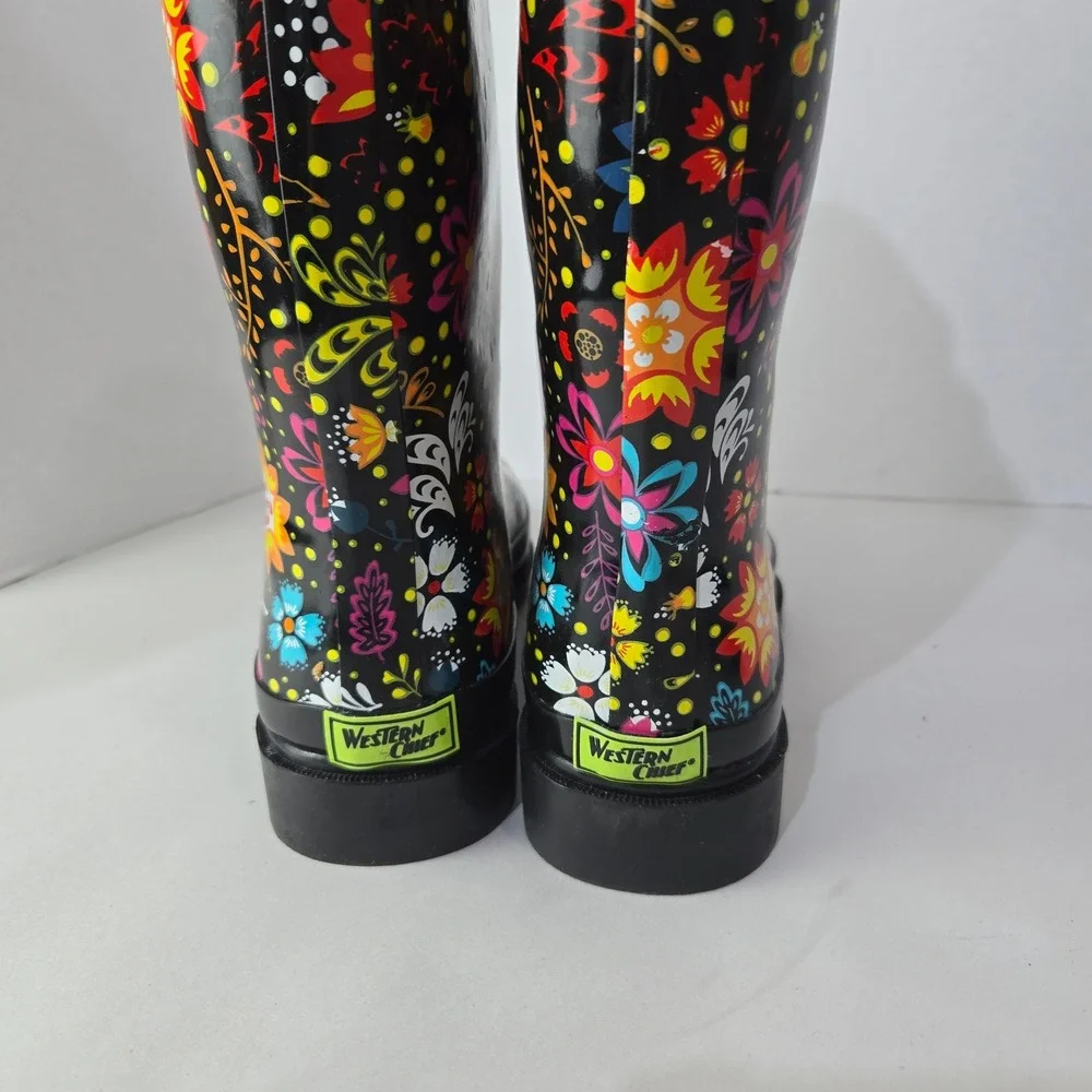 Western Chief Rain Boots Size 9 Garden Black Floral Waterproof Rubber #1103